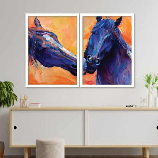 Blue Horse Wall Art - Set of 2 Framed Prints Wall Art Home Decor