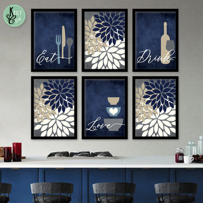 Blue Eat Love Drink - Set of 6 Framed Prints Wall Art Home Decor