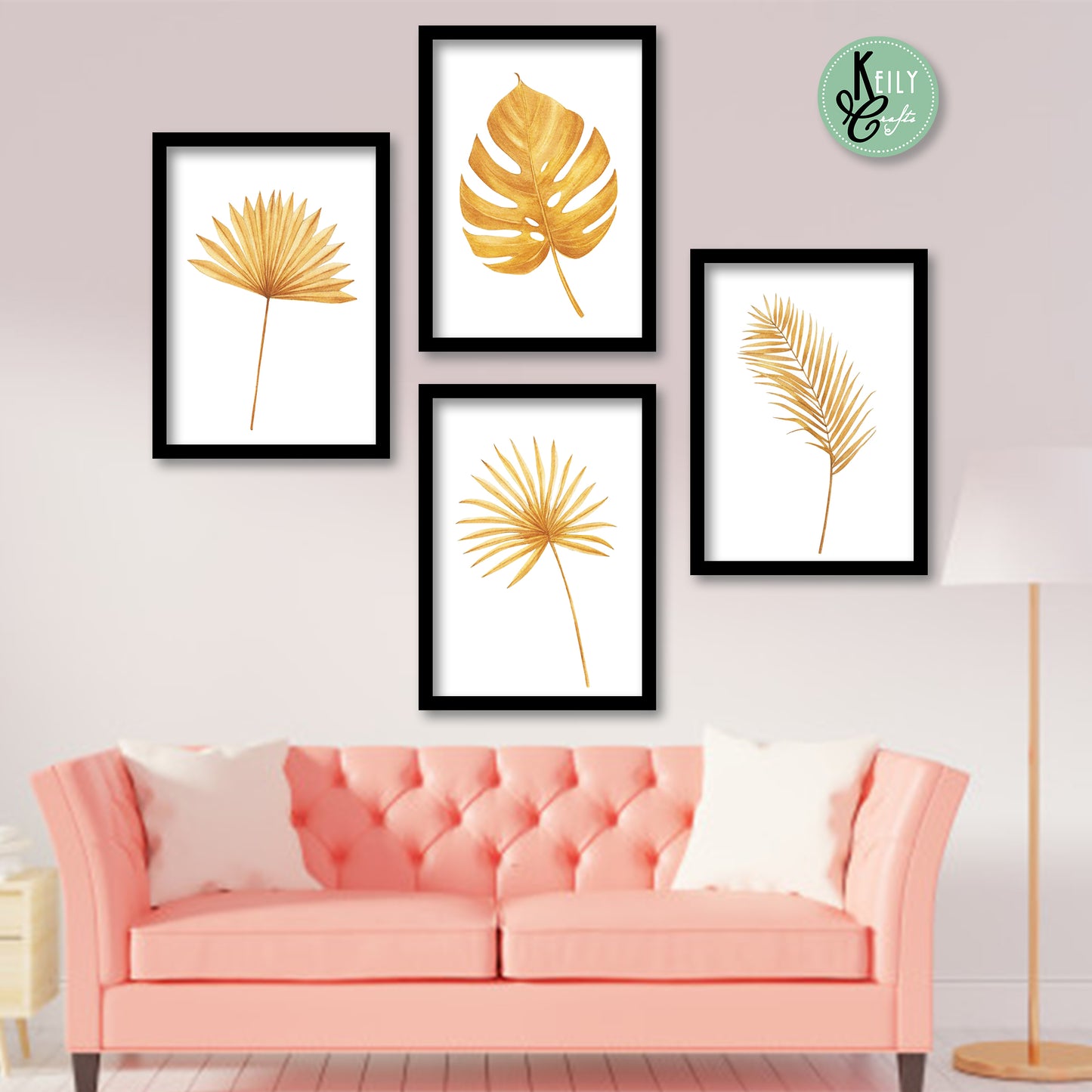 Golden Tropical Leaf - Set of 4 Framed Prints Wall Art Home Decor