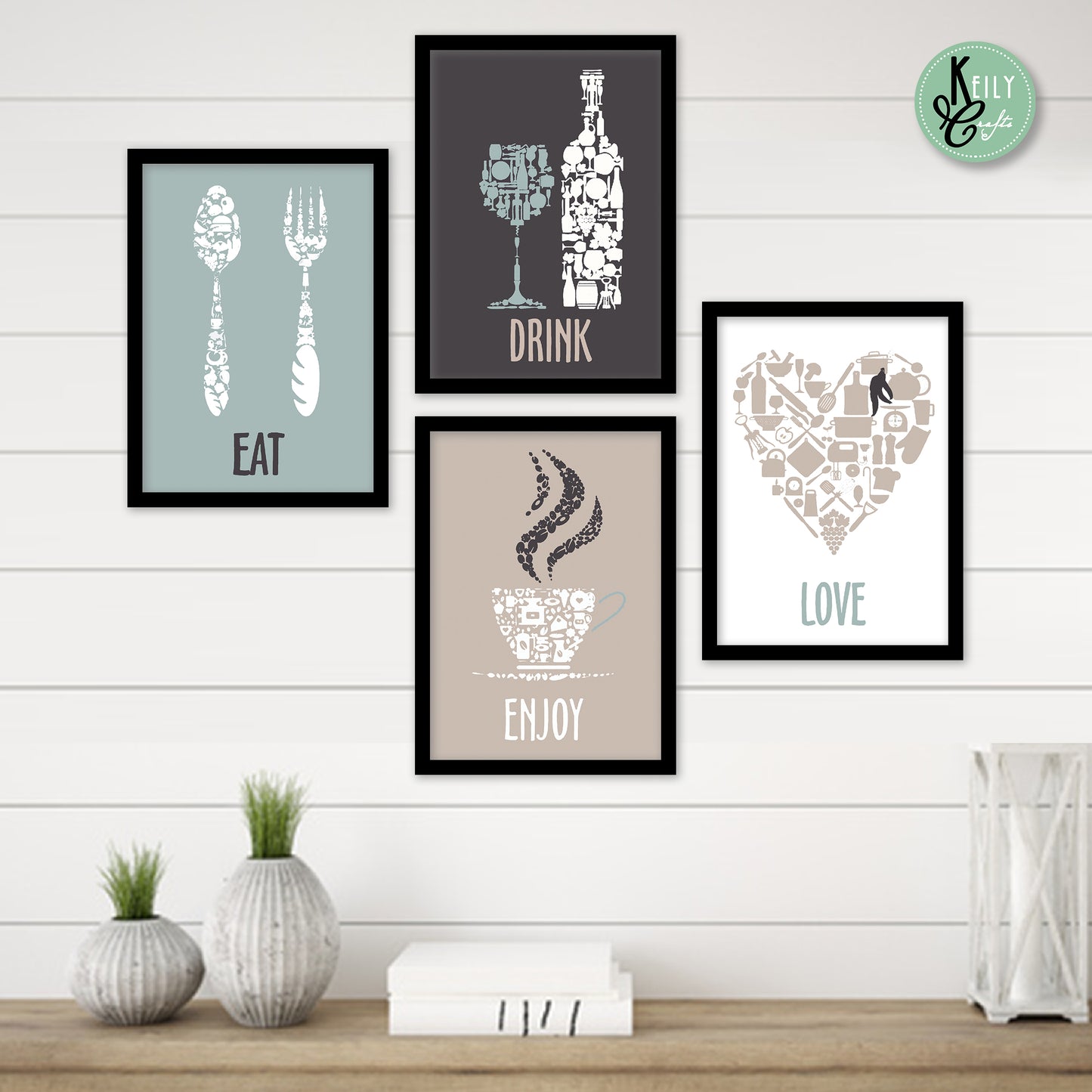 Enjoy Love Eat Drink - Set of 4 Framed Prints Wall Art Home Decor