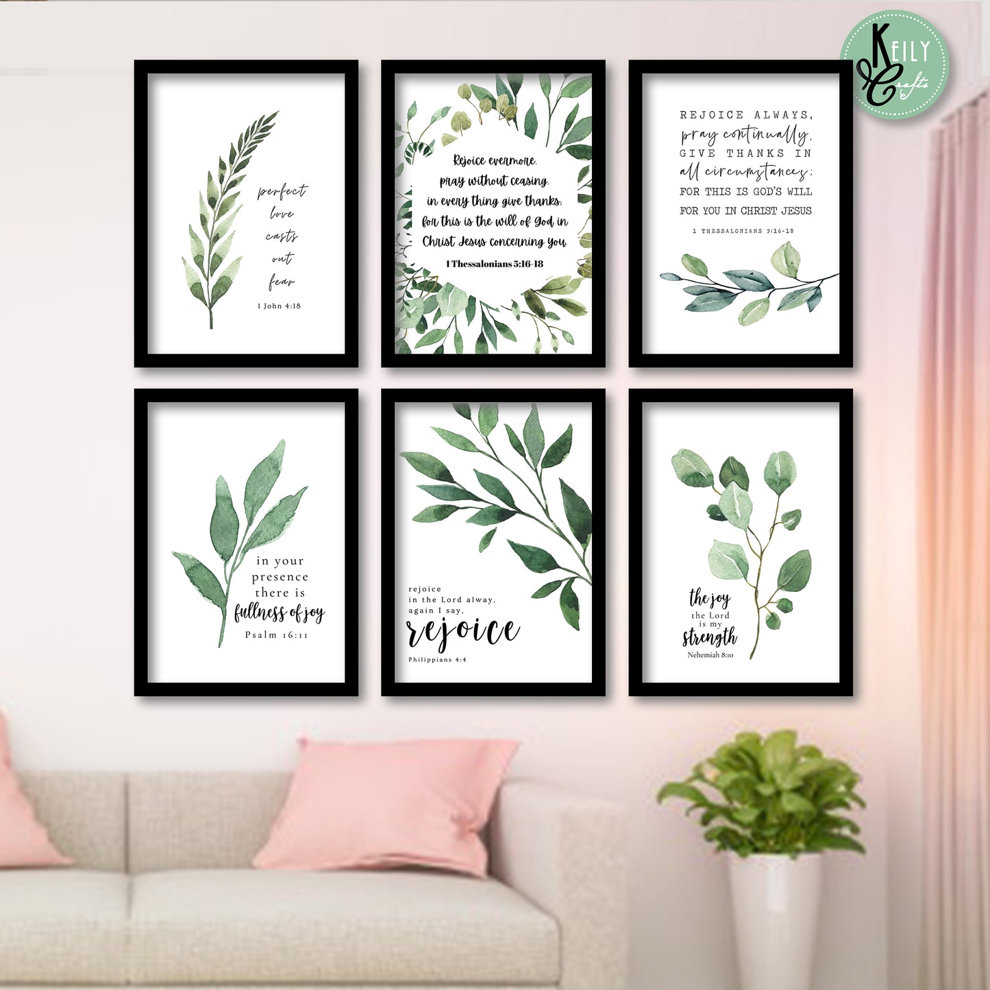 Bible Verse Botanical Leaves - Set of 6 Framed Prints Wall Art Home Decor