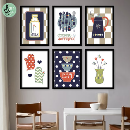 Cooking is Happiness - Set of 6 Framed Prints Wall Art Home Decor