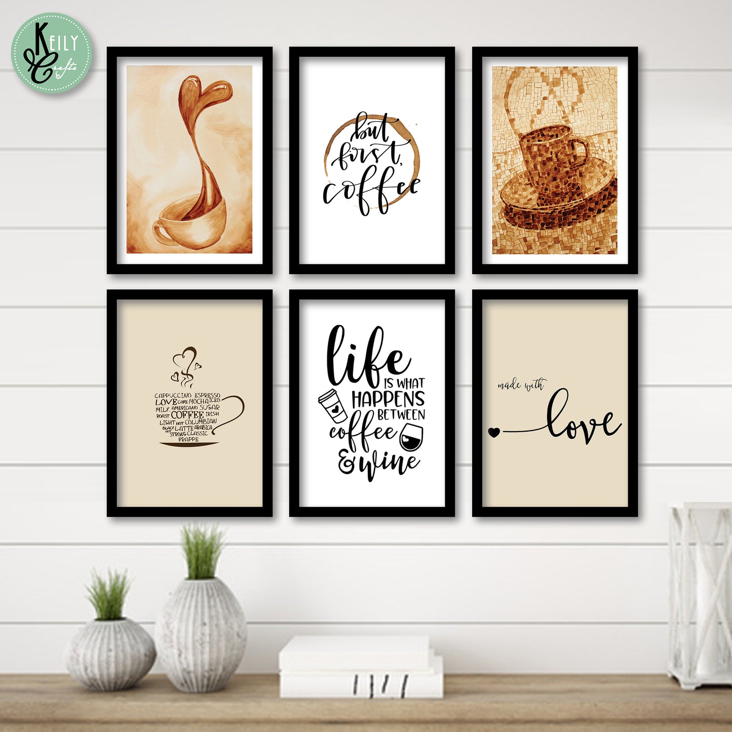 Coffee and Wine Wall Art - Set of 6 Framed Prints Wall Art Home Decor