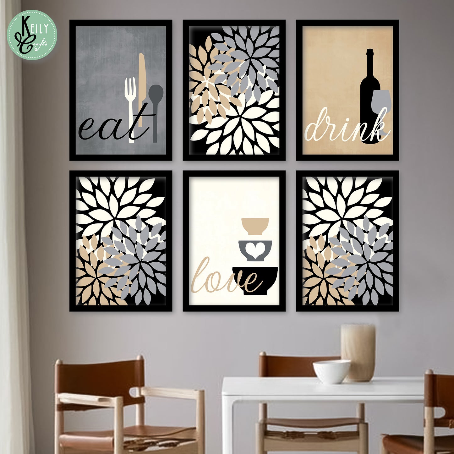 Brown Eat Love Drink - Set of 6 Framed Prints Wall Art Home Decor