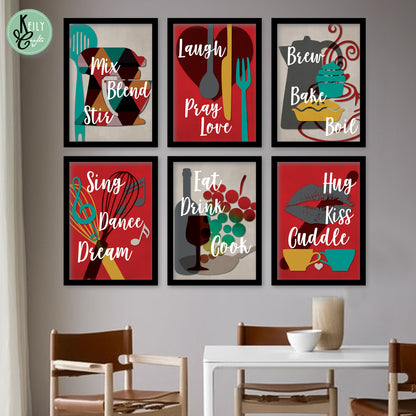 Eat Drink Cook - Set of 6 Framed Prints Wall Art Home Decor