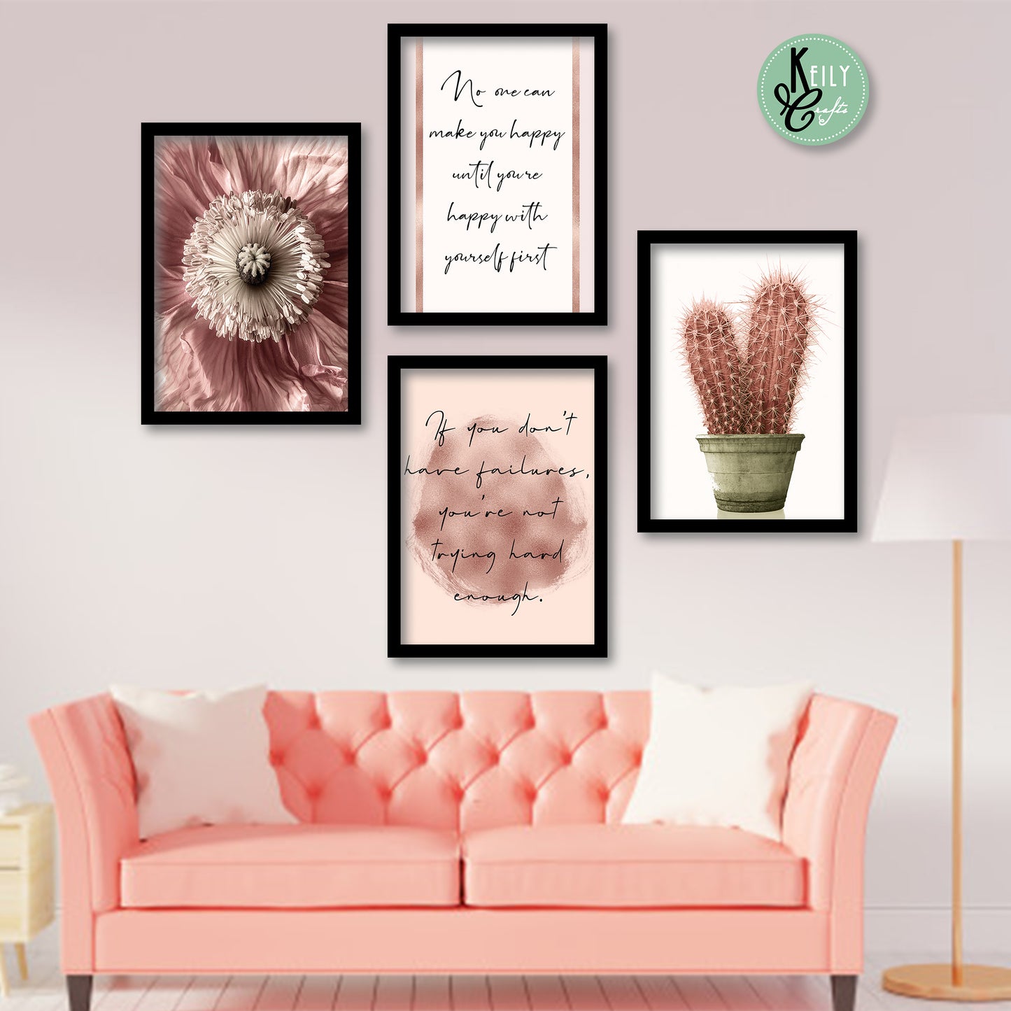 Flower Heart Cactus Wall Art - Set of 4 Framed Prints Wall Art Home Decor