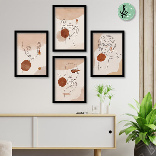 Abstract Woman Face Line Drawing - Set of 4 Framed Prints Wall Art Home Decor