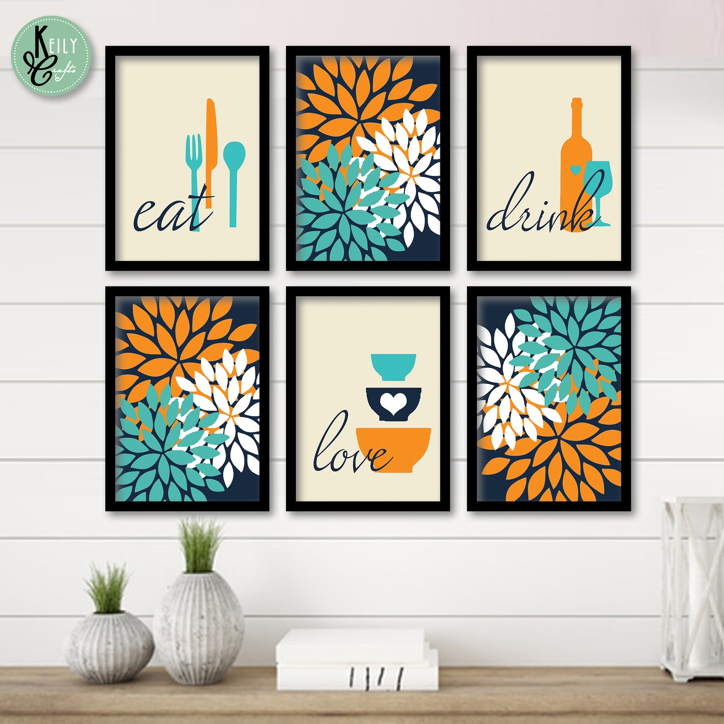 Eat Drink Love Kitchen Wall Art - Set of 6 Framed Prints Wall Art Home Decor