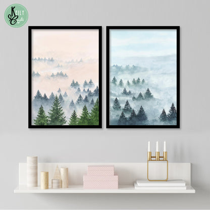 Nature Art Painting of Forest - Set of 2 Framed Prints Wall Art Home Decor