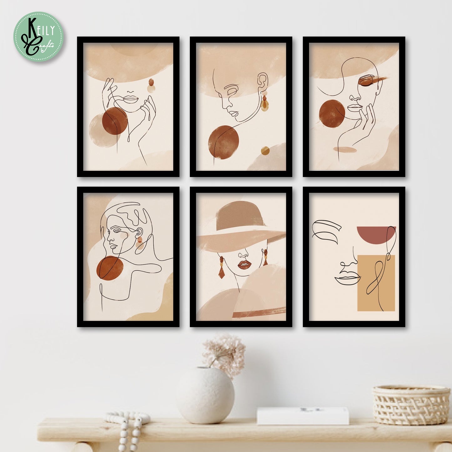 Abstract Woman Face line Drawing - Set of 6 Framed Prints Wall Art Home Decor