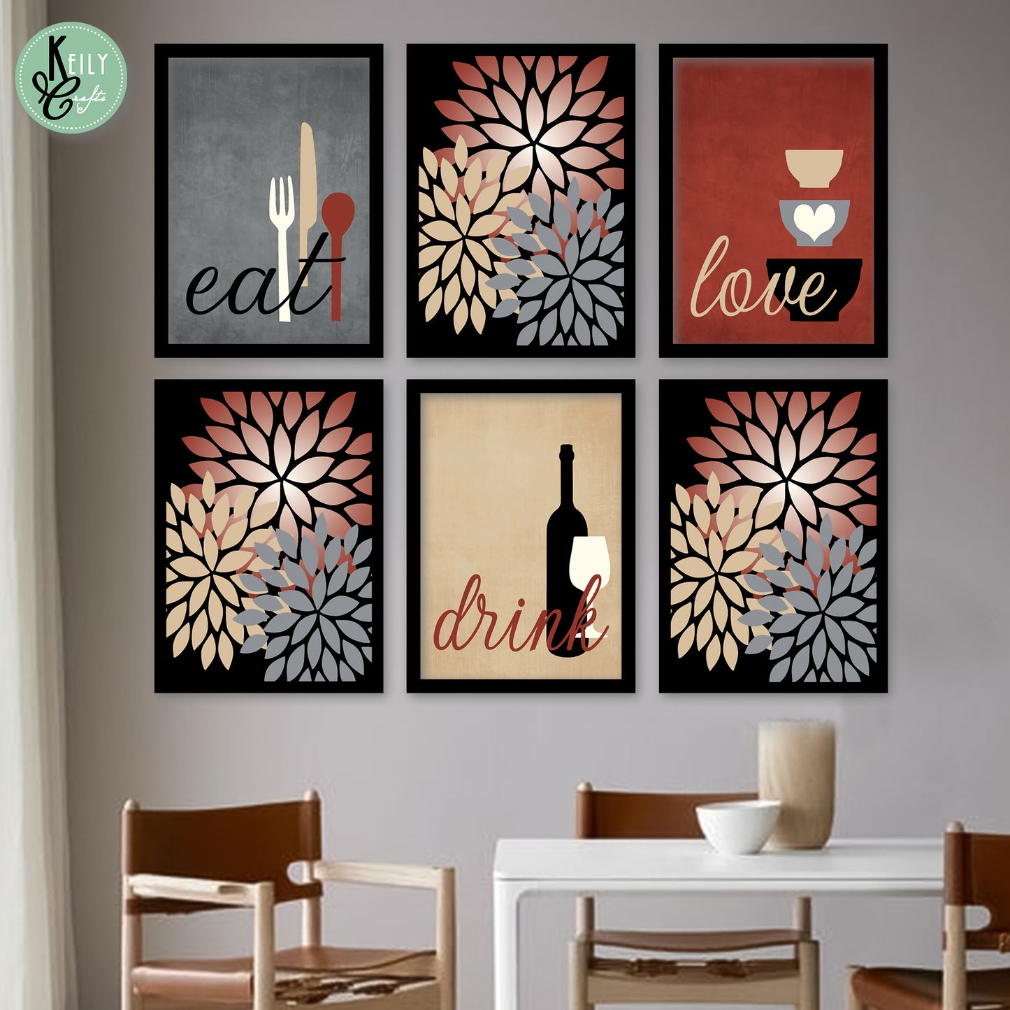 Red Eat Drink Love - Set of 6 Framed Prints Wall Art Home Decor