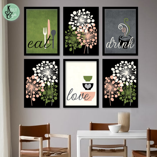 Green Eat Love Drink - Set of 6 Framed Prints Wall Art Home Decor