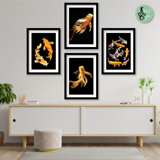 Koi Fish - Set of 4 Framed Prints Wall Art Home Decor