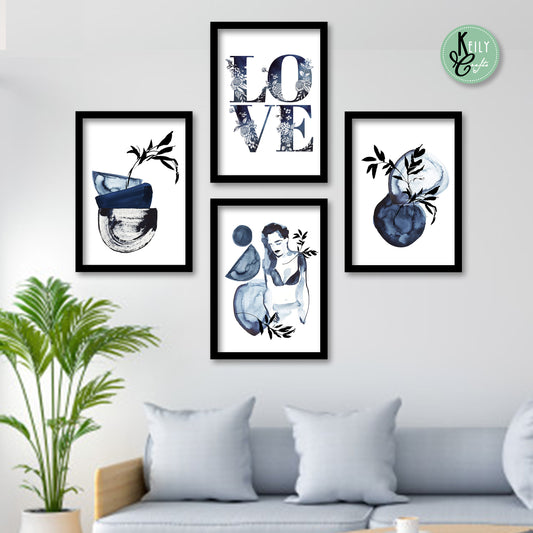 Love Navy Blue Wall Art - Set of 4 Framed Prints Wall Art Home Decor