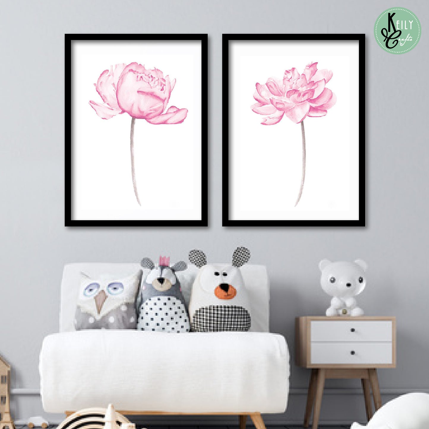 Pink Watercolor Flowers Wall Art - Set of 2 Framed Prints Wall Art Home Decor