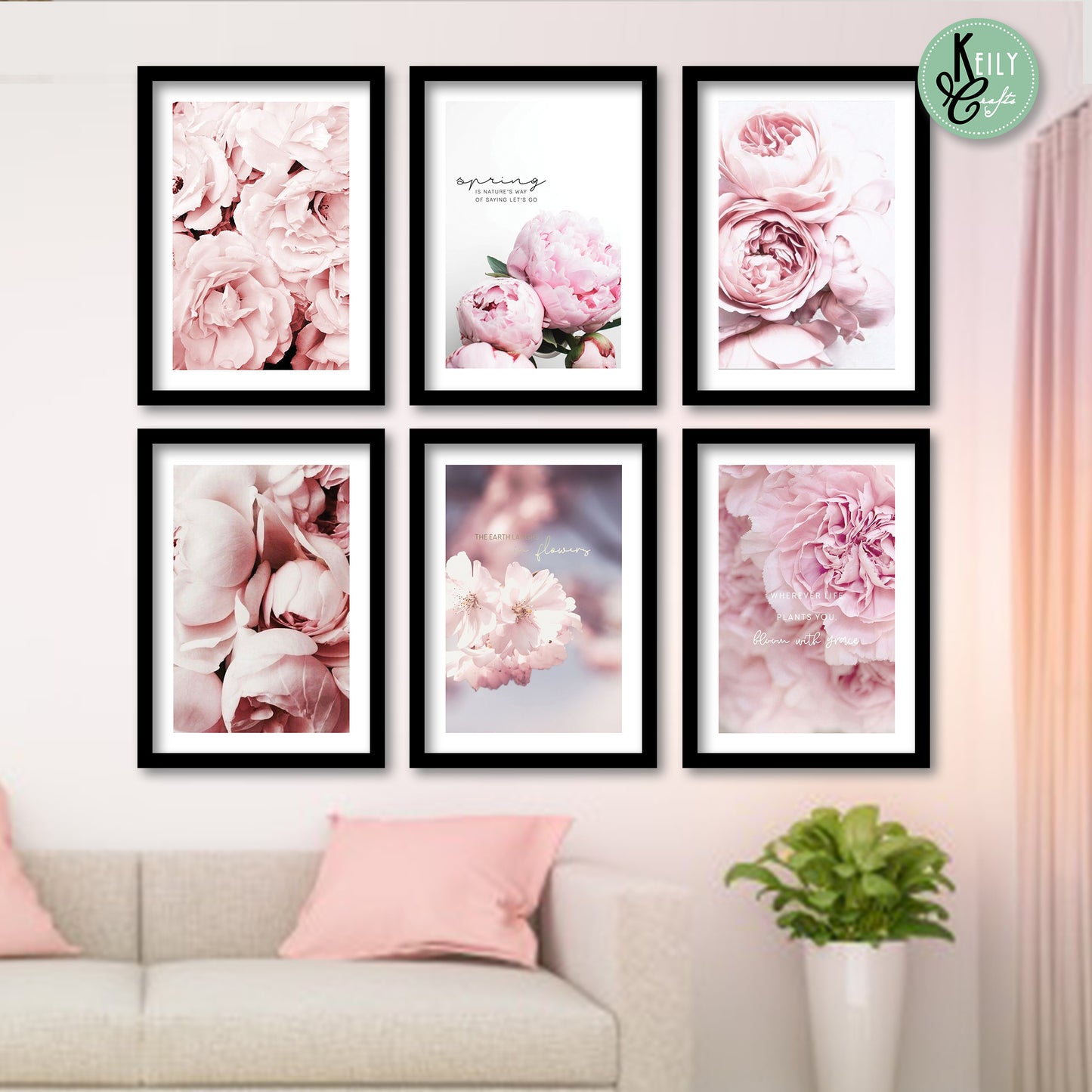 Pink Peonies Flowers - Set of 6 Framed Prints Wall Art Home Decor