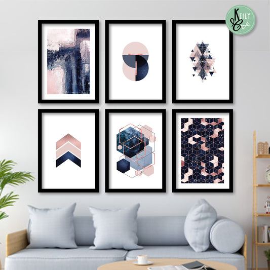 Abstract Navy Blush Gold - Set of 6 Framed Prints Wall Art Home Decor