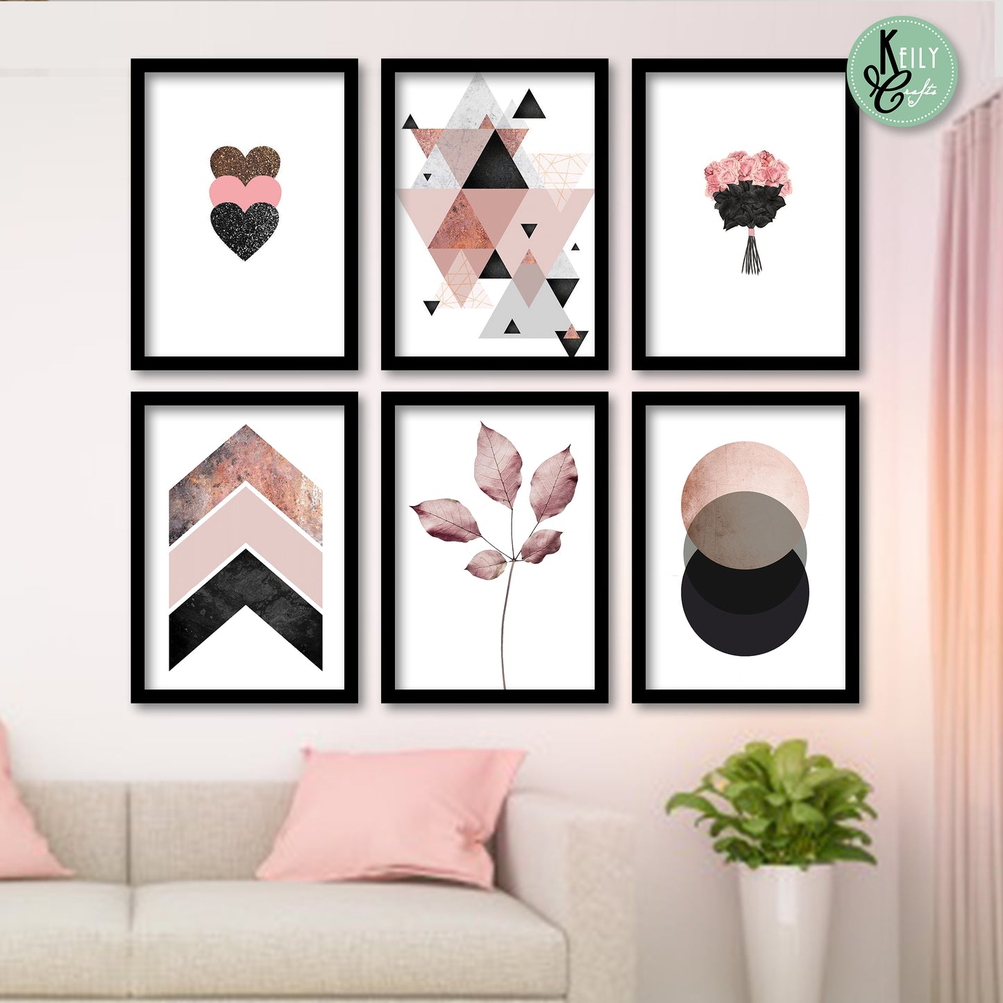 Geometric Blush Pink - Set of 6 Framed Prints Wall Art Home Decor