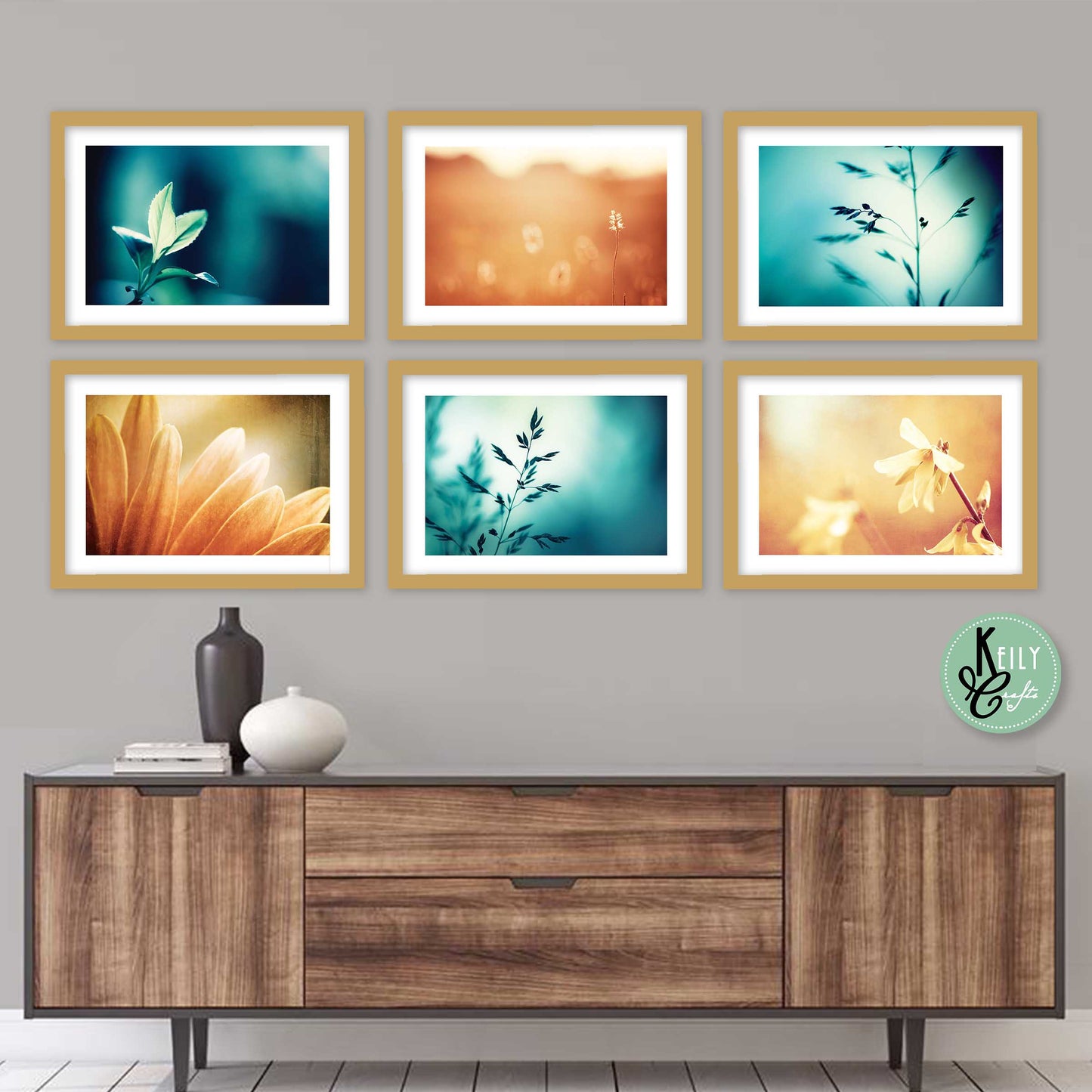 Brown and Teal Botanical - Set of 6 Framed Prints Wall Art Home Decor