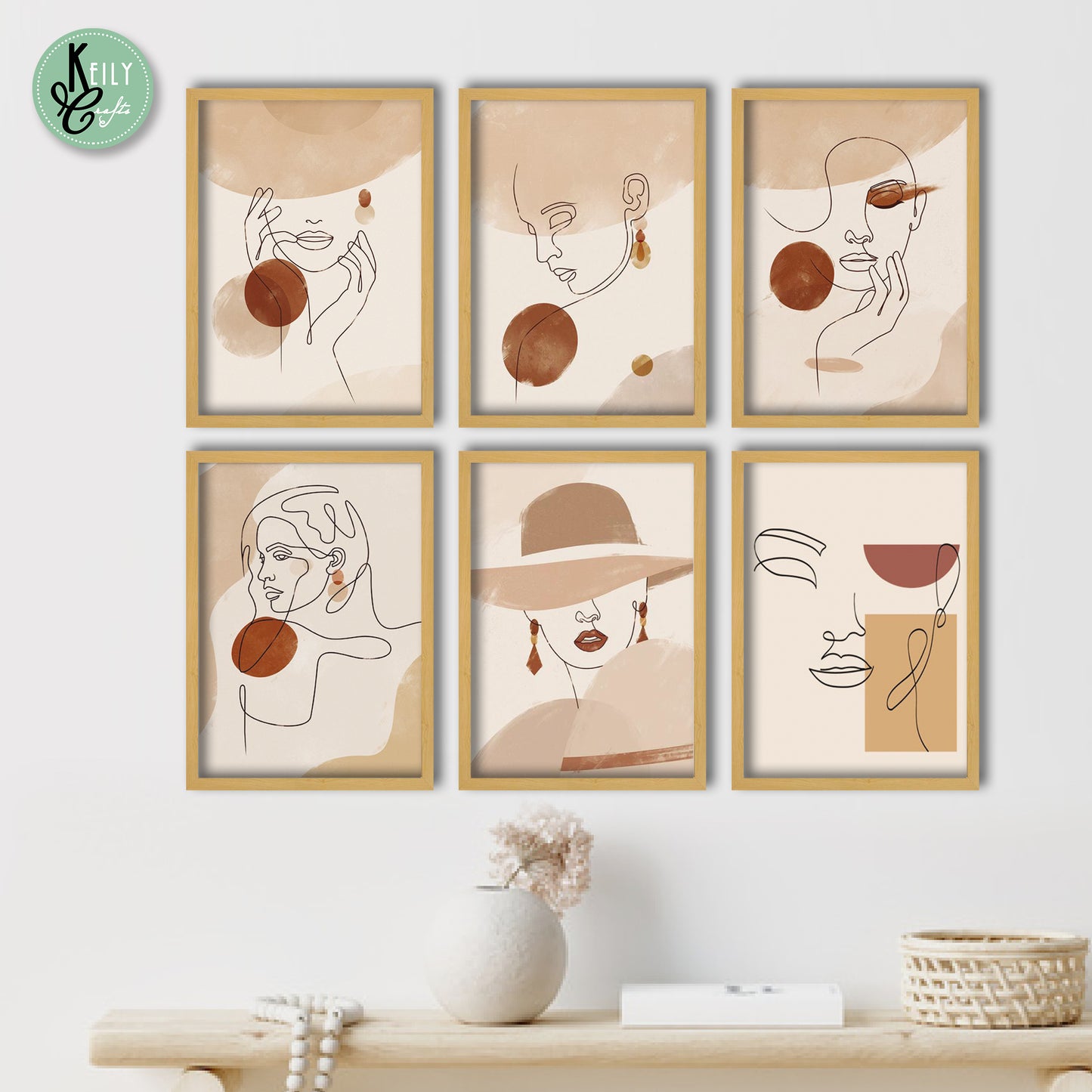 Abstract Woman Face line Drawing - Set of 6 Framed Prints Wall Art Home Decor