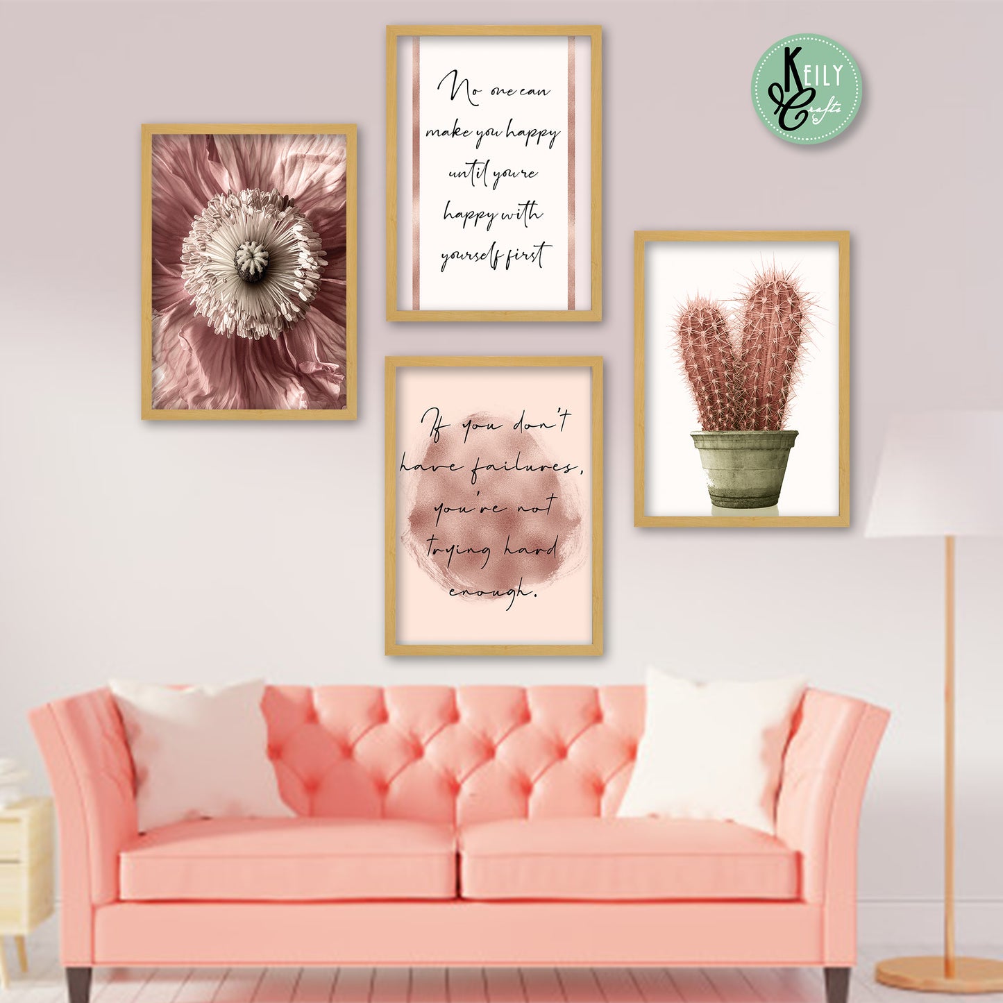 Flower Heart Cactus Wall Art - Set of 4 Framed Prints Wall Art Home Decor