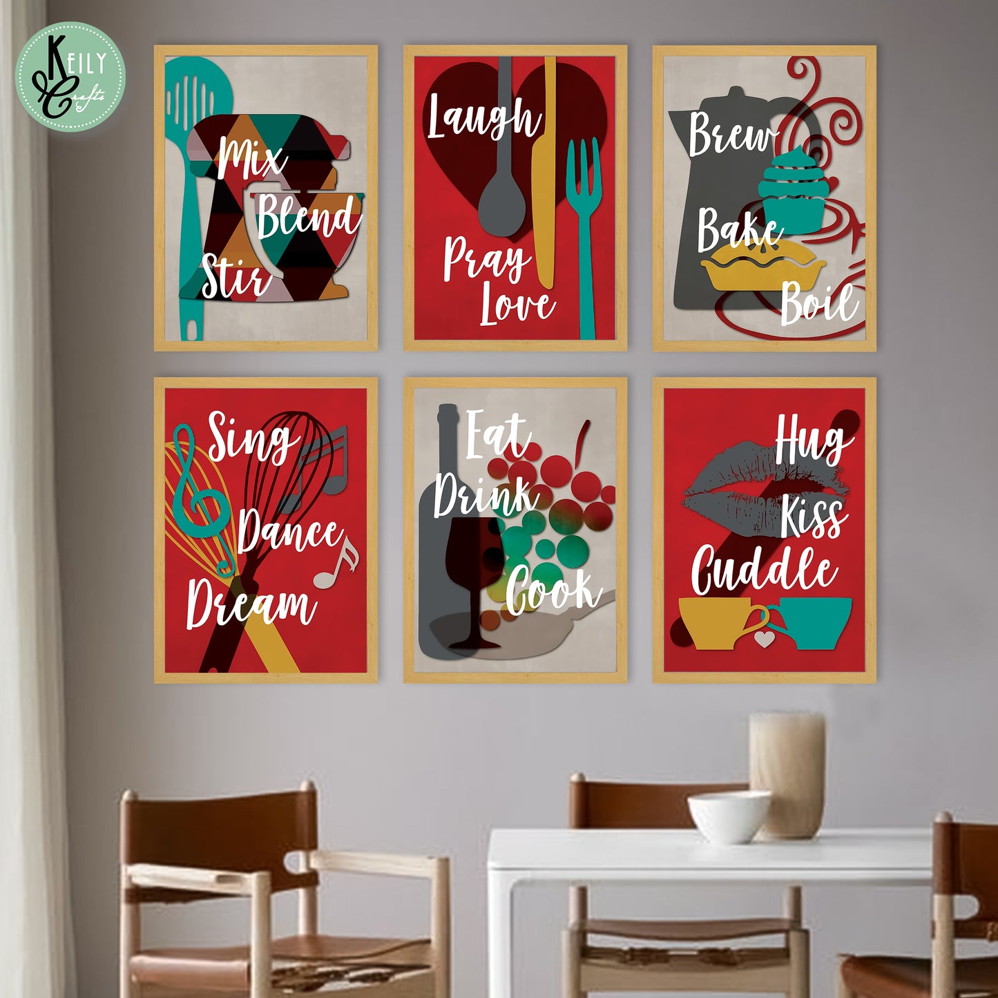 Eat Drink Cook - Set of 6 Framed Prints Wall Art Home Decor