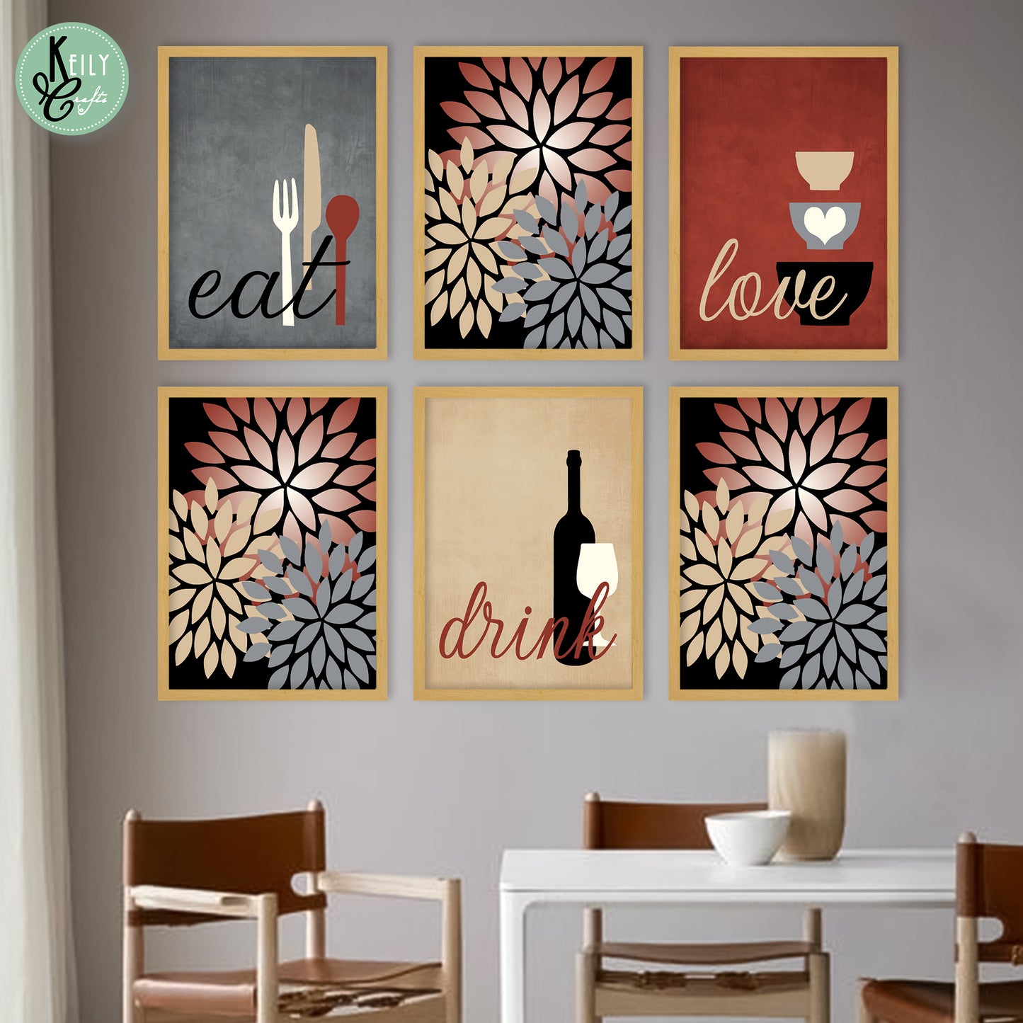 Red Eat Drink Love - Set of 6 Framed Prints Wall Art Home Decor