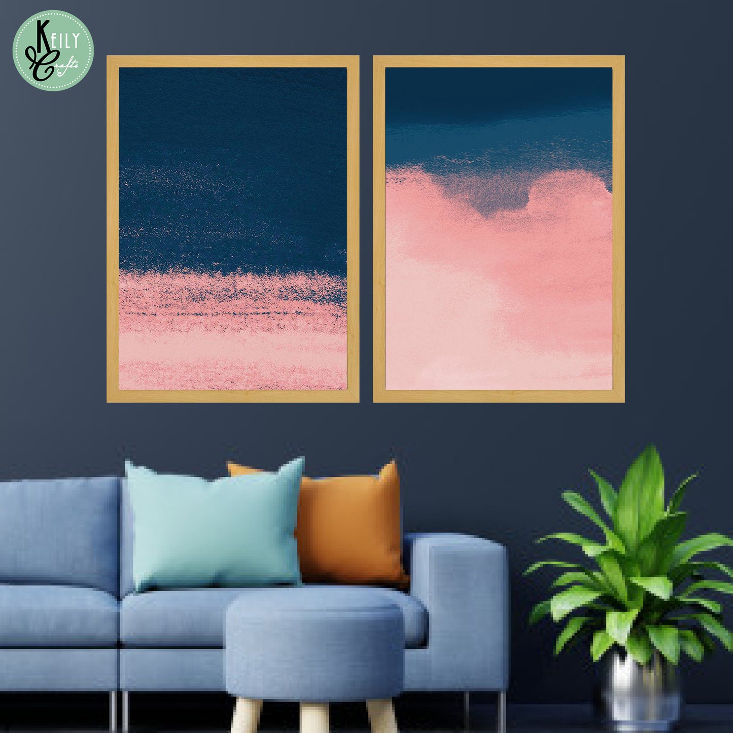 Pink and Navy Abstract Wall Art - Set of 2 Framed Prints Wall Art Home Decor