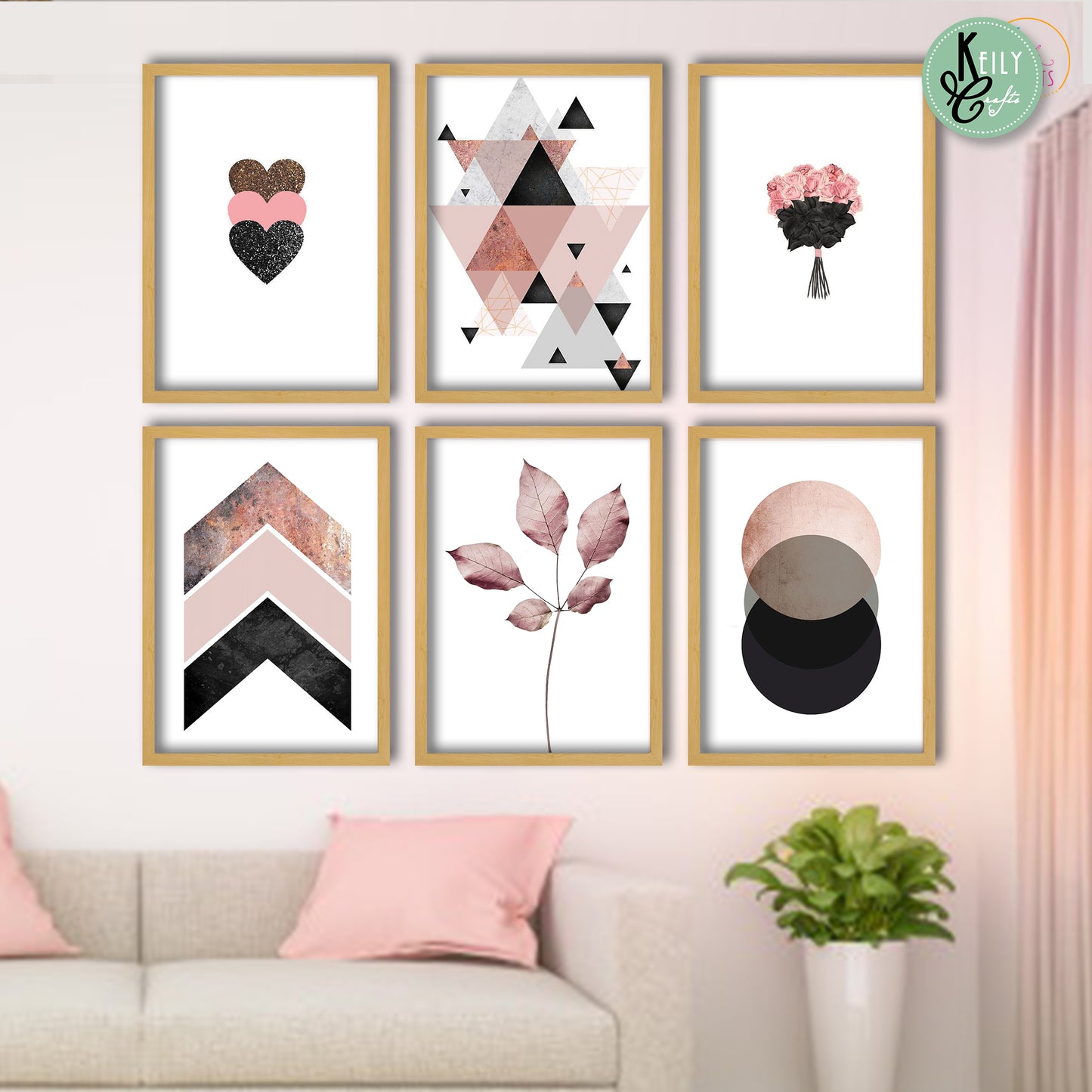 Geometric Blush Pink - Set of 6 Framed Prints Wall Art Home Decor