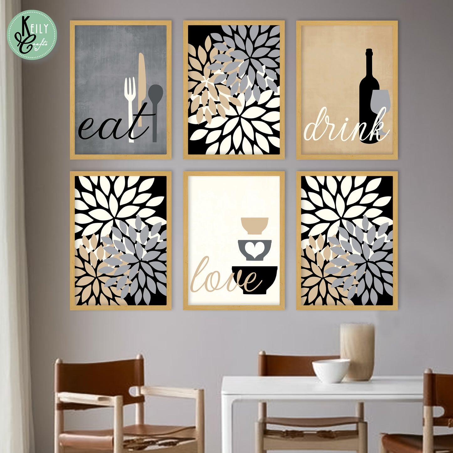 Brown Eat Love Drink - Set of 6 Framed Prints Wall Art Home Decor