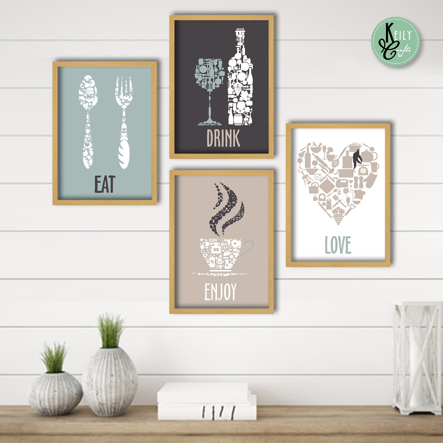 Enjoy Love Eat Drink - Set of 4 Framed Prints Wall Art Home Decor