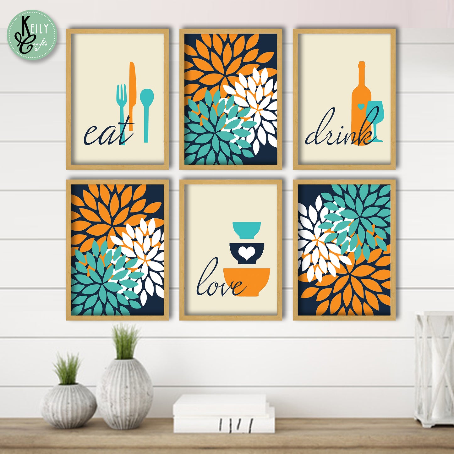 Eat Drink Love Kitchen Wall Art - Set of 6 Framed Prints Wall Art Home Decor