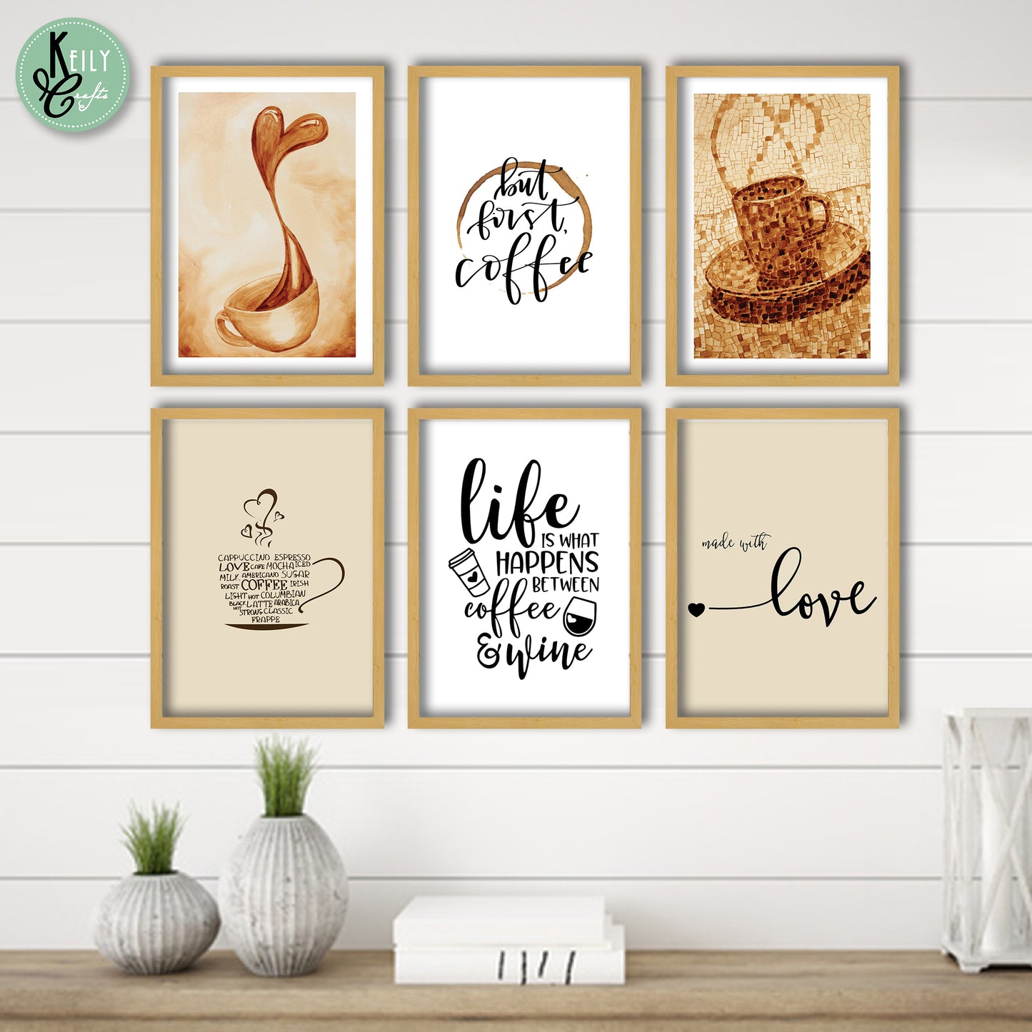 Coffee and Wine Wall Art - Set of 6 Framed Prints Wall Art Home Decor