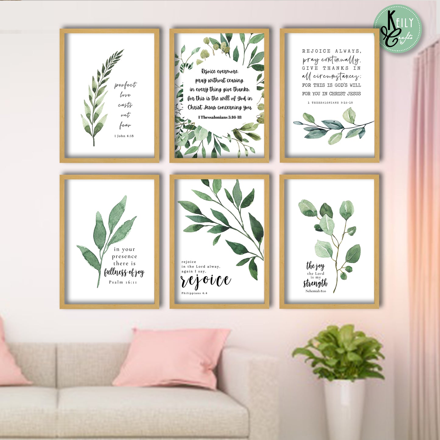 Bible Verse Botanical Leaves - Set of 6 Framed Prints Wall Art Home Decor