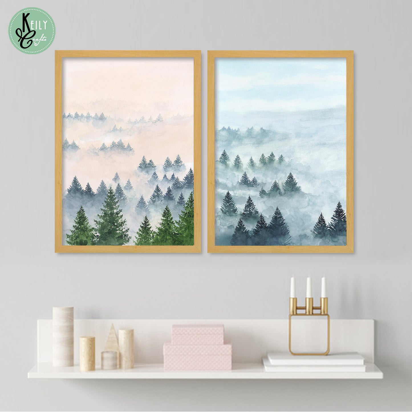 Nature Art Painting of Forest - Set of 2 Framed Prints Wall Art Home Decor