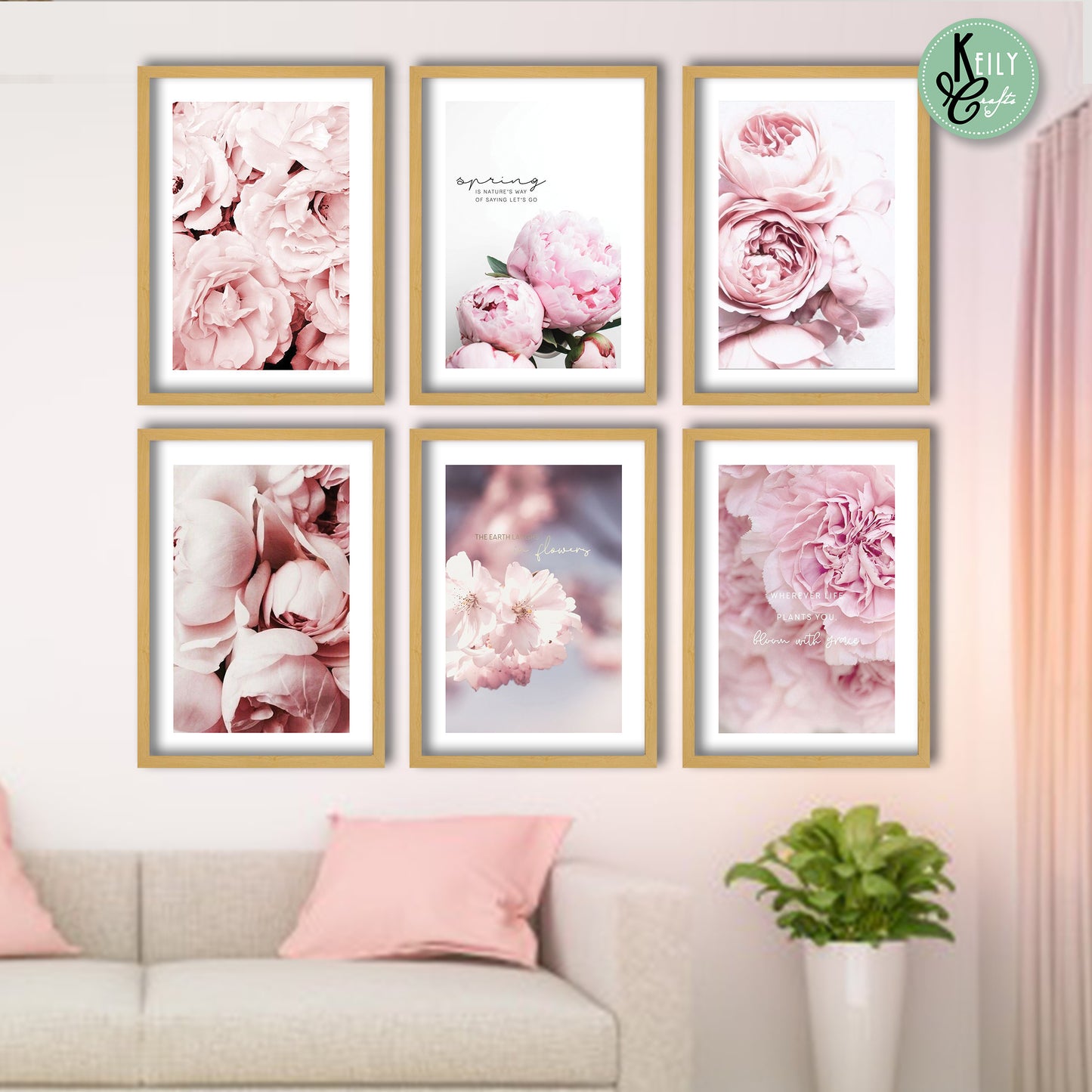 Pink Peonies Flowers - Set of 6 Framed Prints Wall Art Home Decor