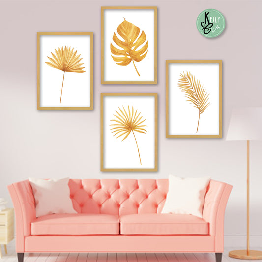 Golden Tropical Leaf - Set of 4 Framed Prints Wall Art Home Decor