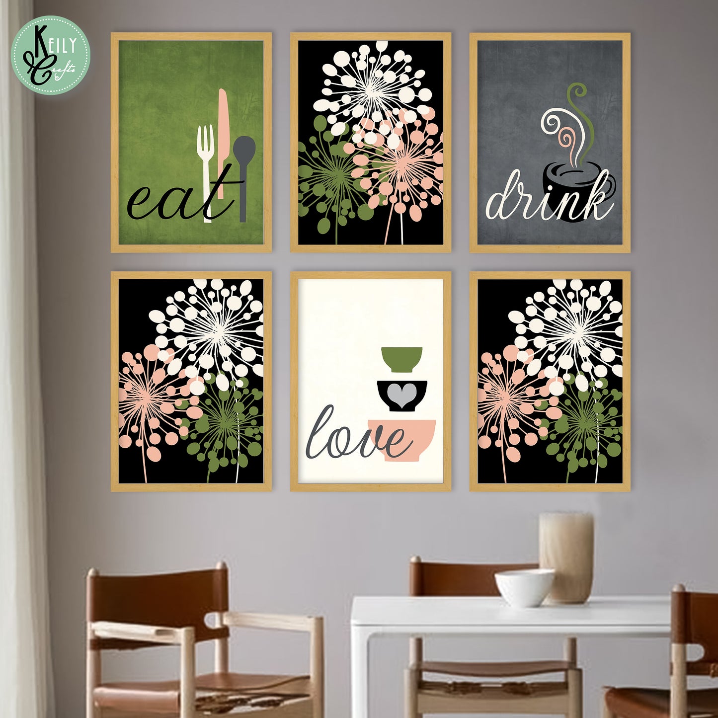 Green Eat Love Drink - Set of 6 Framed Prints Wall Art Home Decor