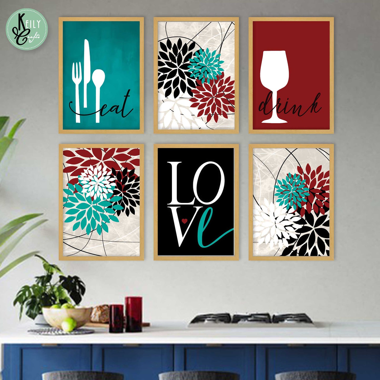 Drink Eat Love - Set of 6 Framed Prints Wall Art Home Decor