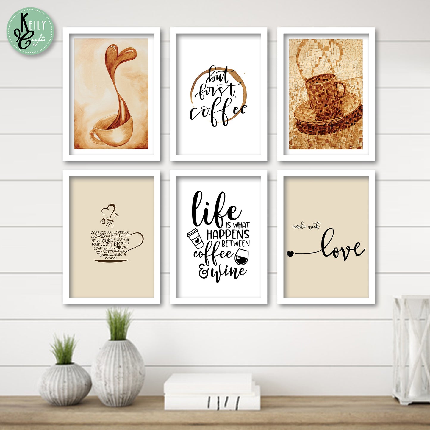 Coffee and Wine Wall Art - Set of 6 Framed Prints Wall Art Home Decor