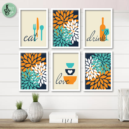 Eat Drink Love Kitchen Wall Art - Set of 6 Framed Prints Wall Art Home Decor