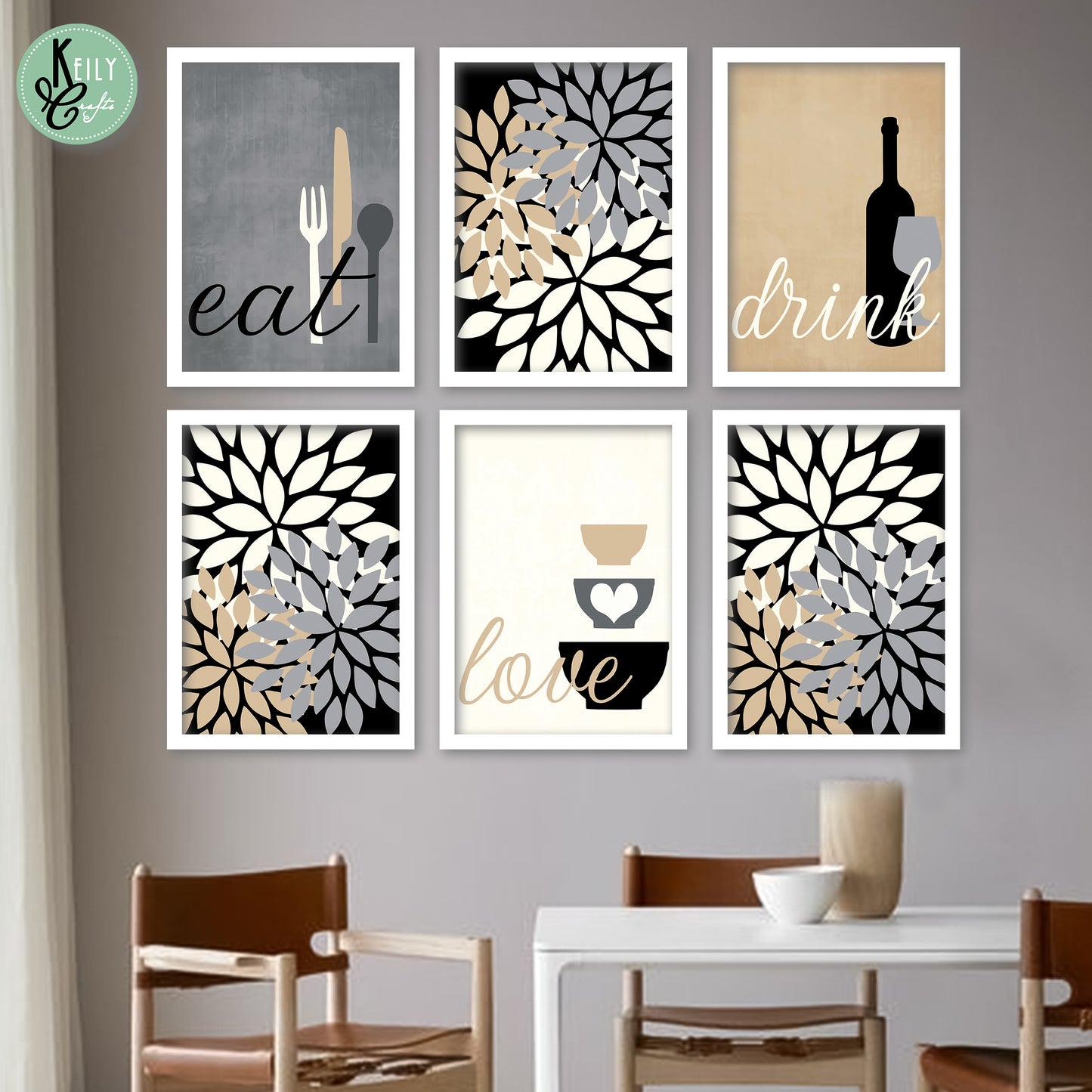 Brown Eat Love Drink - Set of 6 Framed Prints Wall Art Home Decor