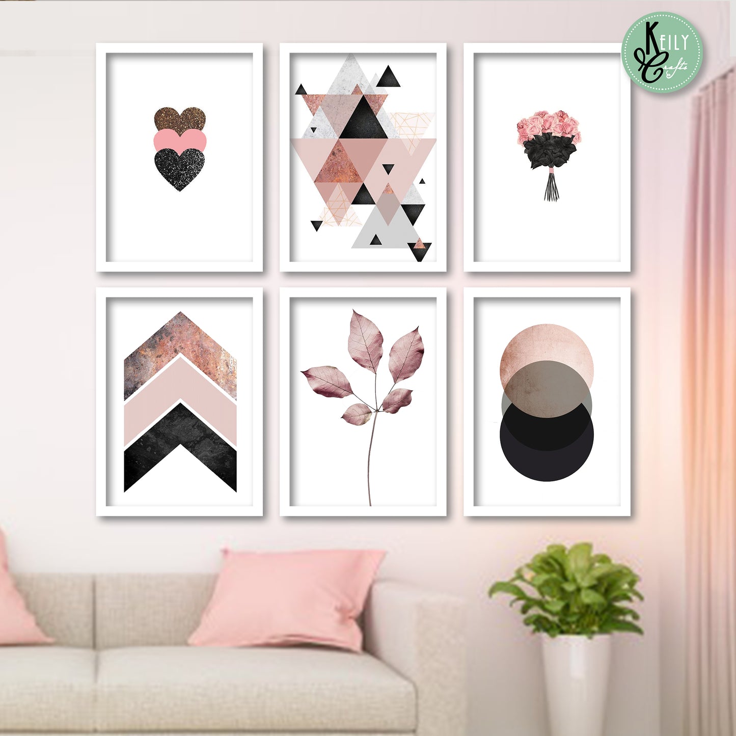 Geometric Blush Pink - Set of 6 Framed Prints Wall Art Home Decor