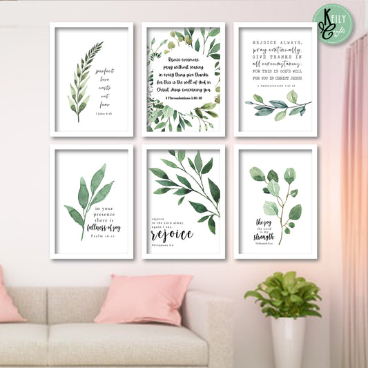 Bible Verse Botanical Leaves - Set of 6 Framed Prints Wall Art Home Decor