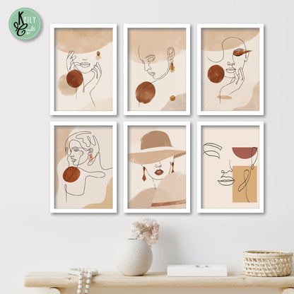 Abstract Woman Face line Drawing - Set of 6 Framed Prints Wall Art Home Decor