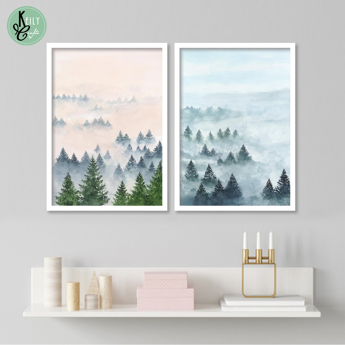 Nature Art Painting of Forest - Set of 2 Framed Prints Wall Art Home Decor