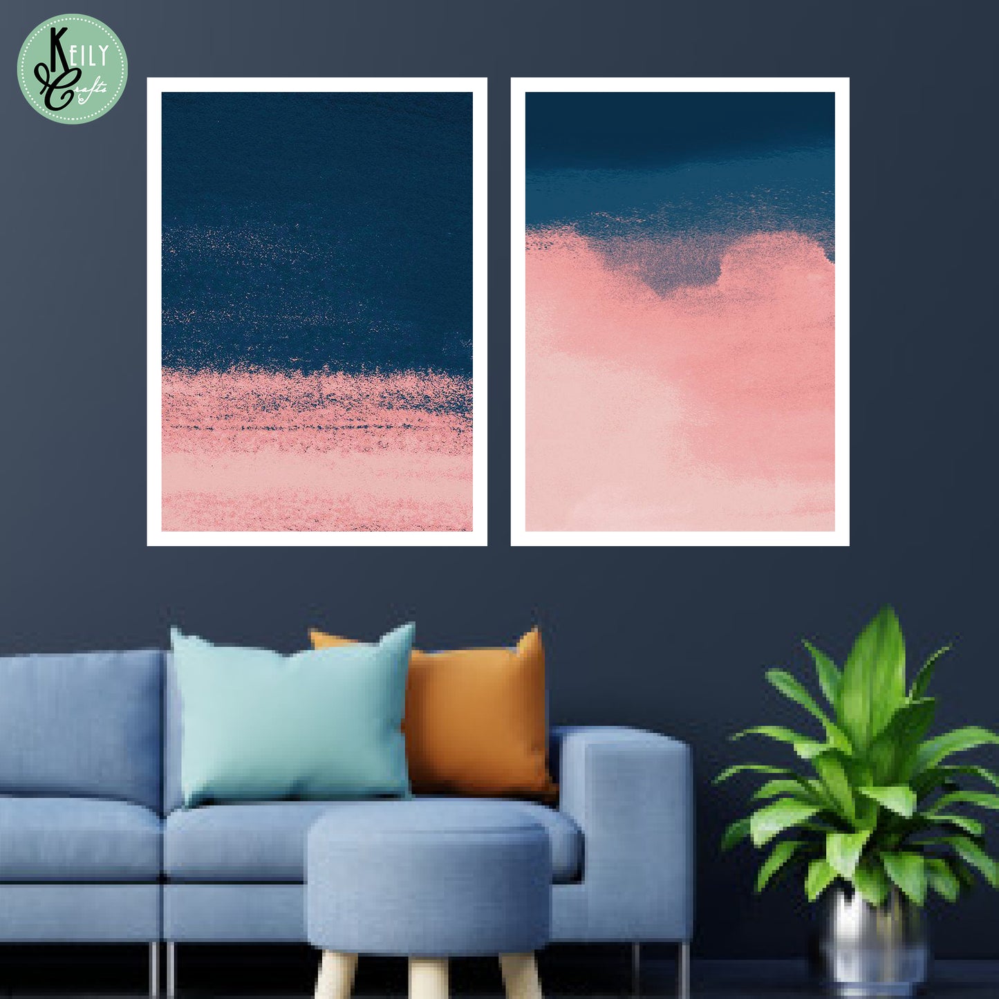 Pink and Navy Abstract Wall Art - Set of 2 Framed Prints Wall Art Home Decor