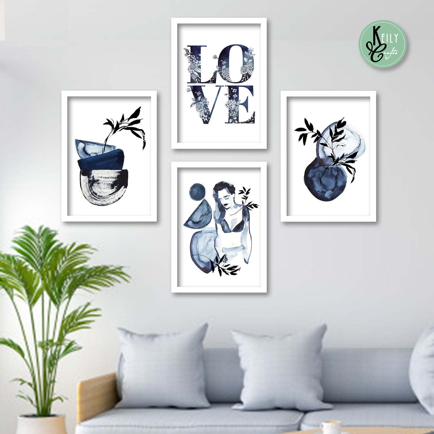 Love Navy Blue Wall Art - Set of 4 Framed Prints Wall Art Home Decor