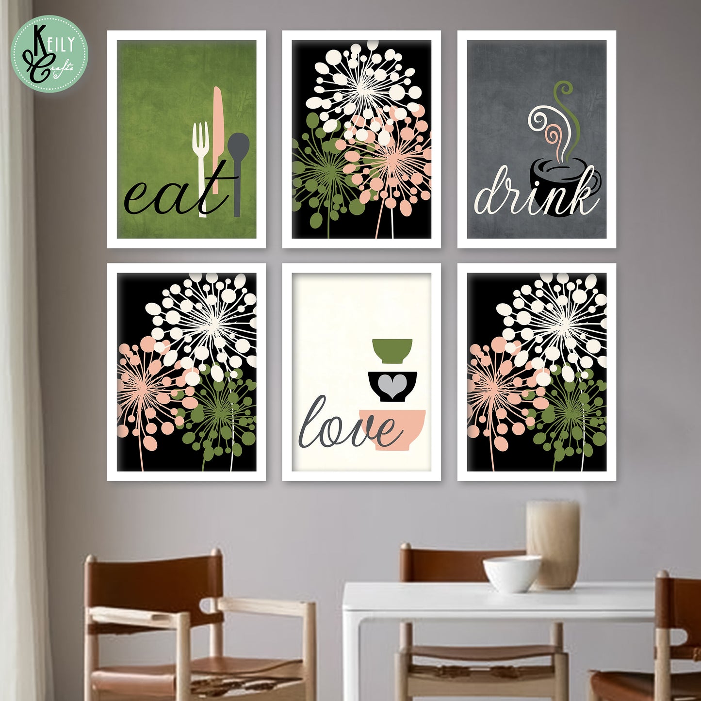 Green Eat Love Drink - Set of 6 Framed Prints Wall Art Home Decor