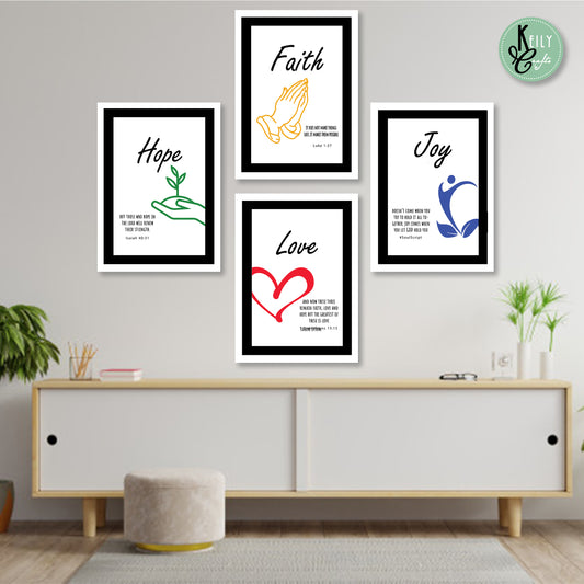 Faith Hope Joy Love Bible Verse - Set of 4 Framed Prints Wall Art Home Decor